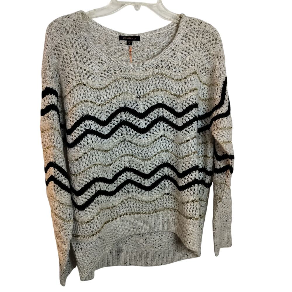 4452)Skies Are Blue Oversized Chevron Ivory Black Hi-Lo Pullon Knitted Sweater S